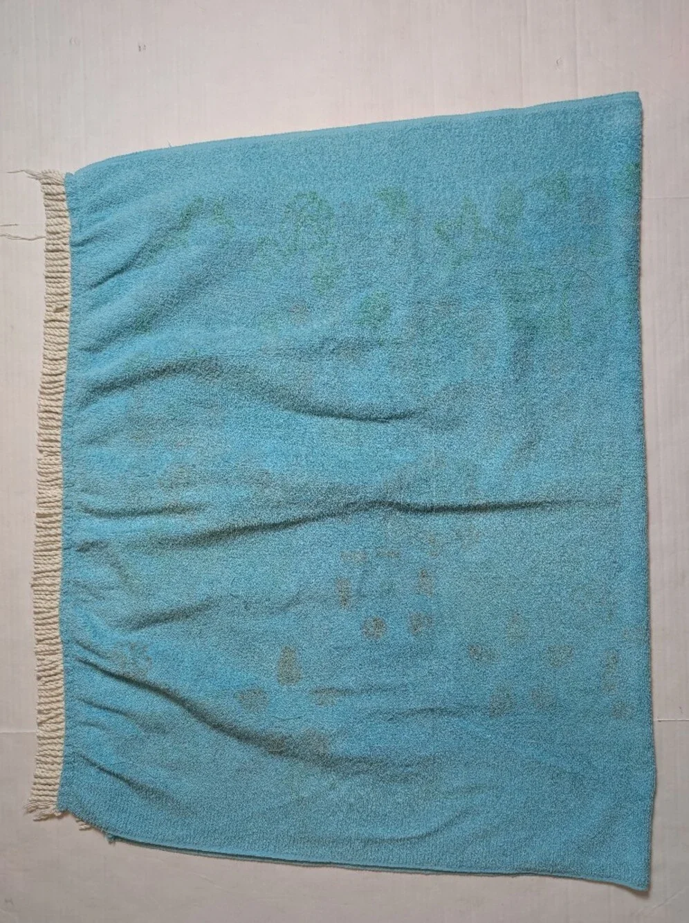 Vintage Bath Beach Towel Turquoise Flowers & Fringes